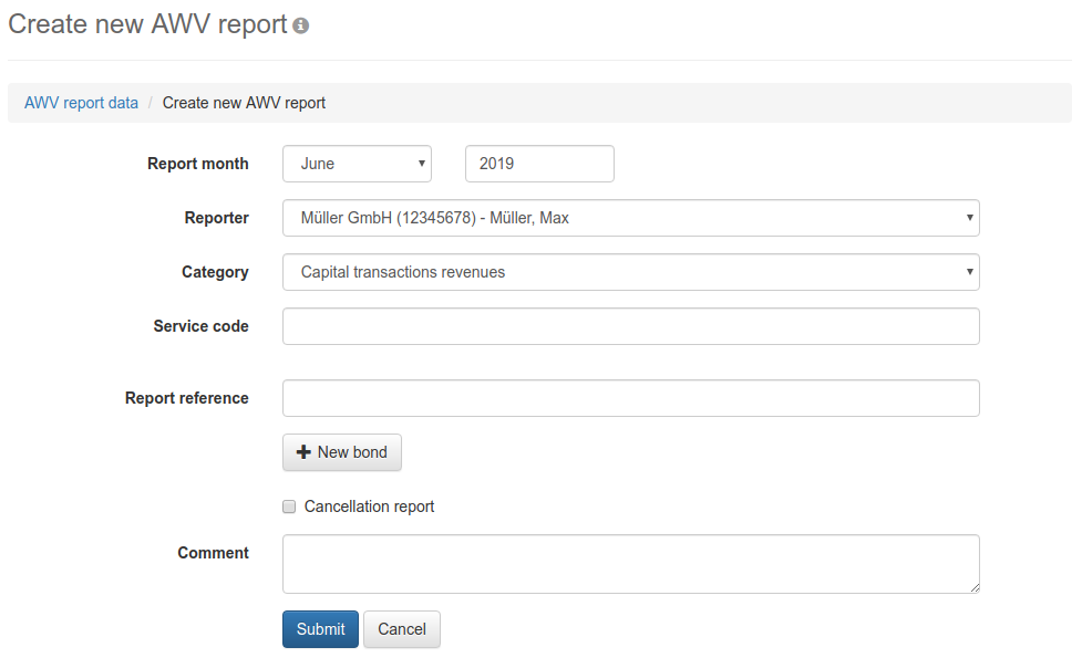 Form for recording of report data for direct investments
