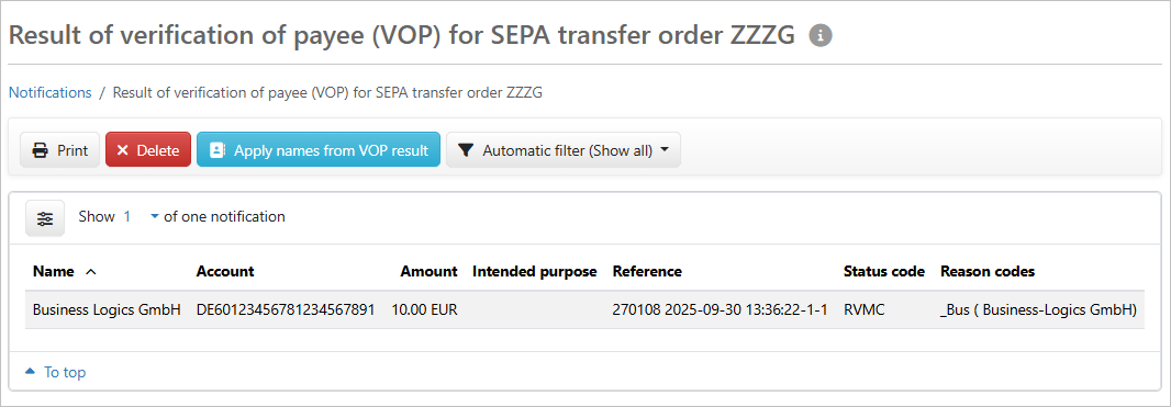 Notification on the result of the verification of payee (VOP)