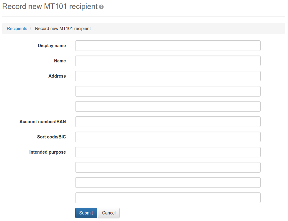 Form for entering a MT101 recipient
