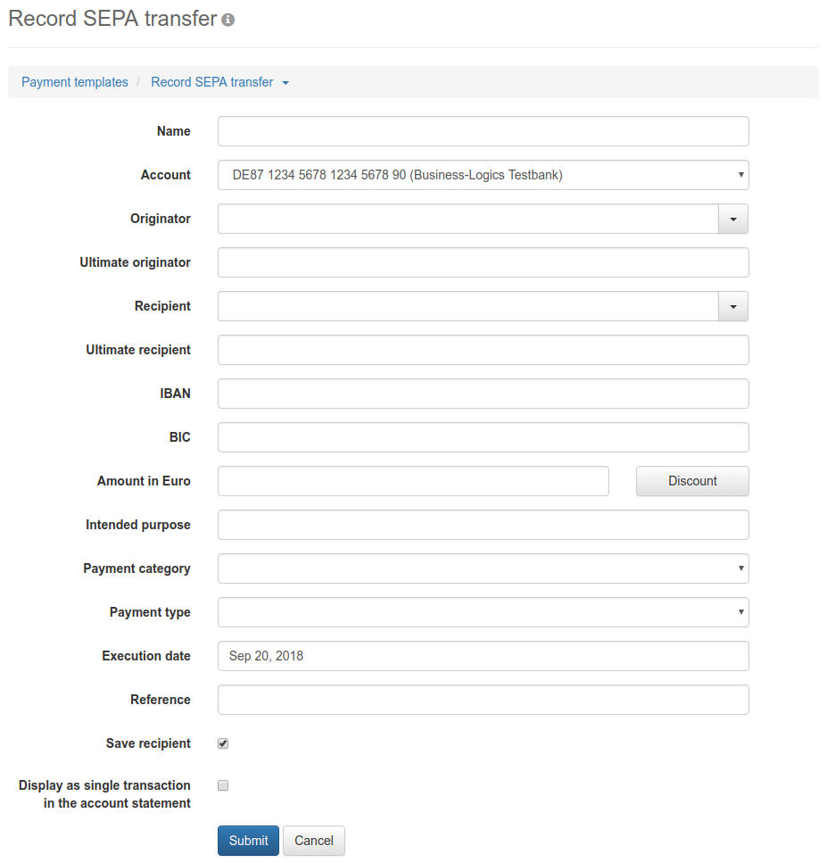 Form for entering a a payment template