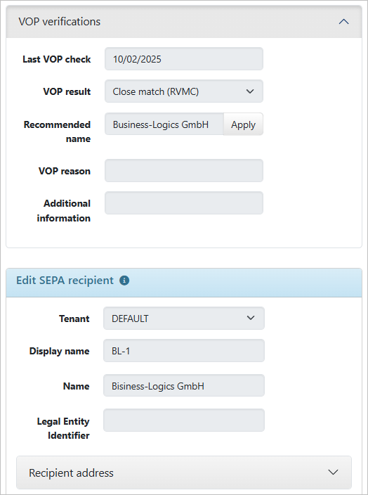 VOP verifications for SEPA recipients