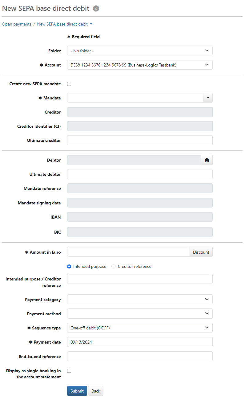 Form for entering a SEPA debit