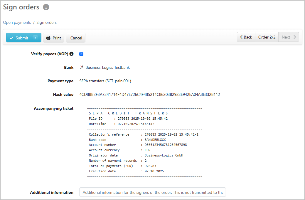 Order before submission for verification of payee