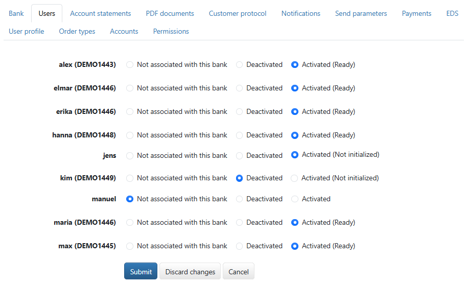 List of users (administrator view in edit mode)
