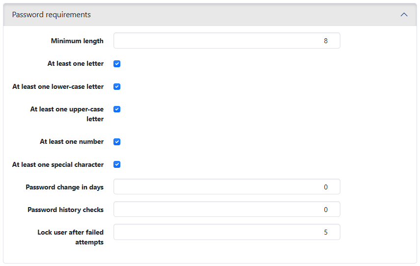 Setting of the password requirements