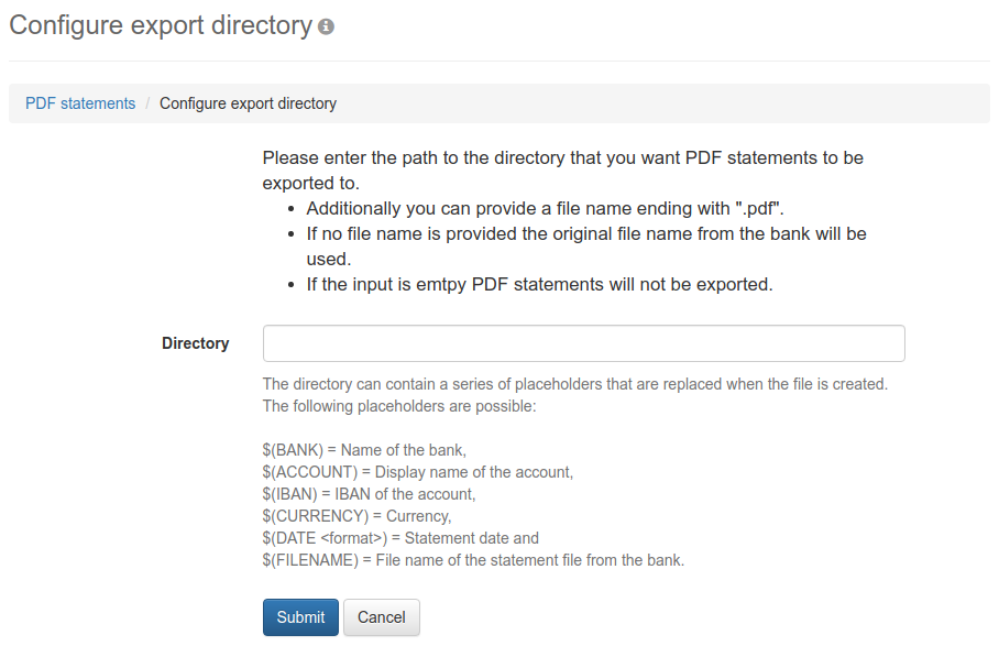 Form for configuring an export directory